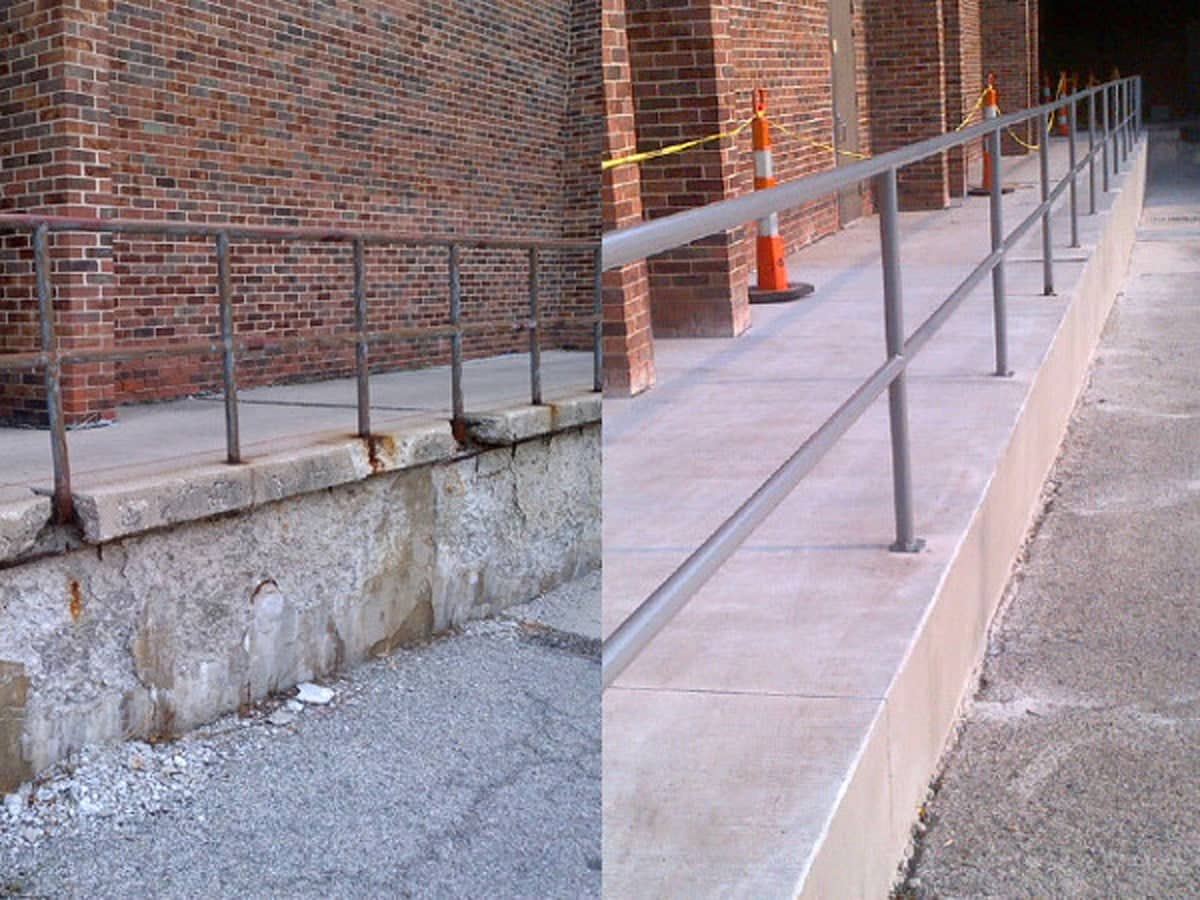 Before/after of repaired concrete walkway with handrails